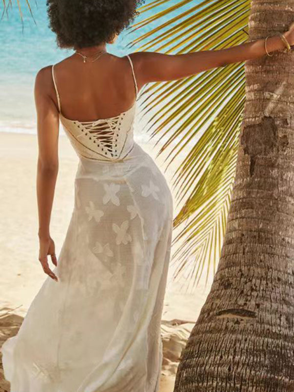 Maxi Dresses- Cocktail Lace-Up Back Fit and Flare Cami Maxi Dress- - Pekosa Women Clothing