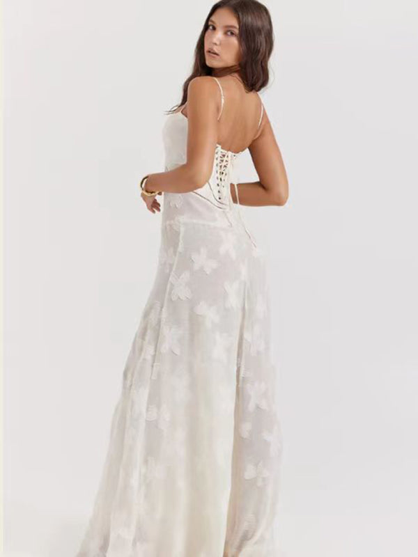 Maxi Dresses- Cocktail Lace-Up Back Fit and Flare Cami Maxi Dress- - Pekosa Women Clothing