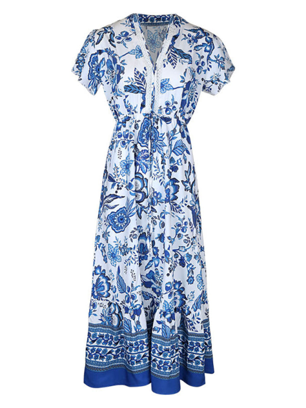 Maxi Dresses- Floral Blue Maxi Midi Dress: V Neck, A-Line Tiered & Petal Sleeve- - Pekosa Women Clothing
