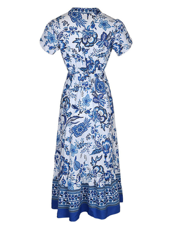 Maxi Dresses- Floral Blue Maxi Midi Dress: V Neck, A-Line Tiered & Petal Sleeve- - Pekosa Women Clothing
