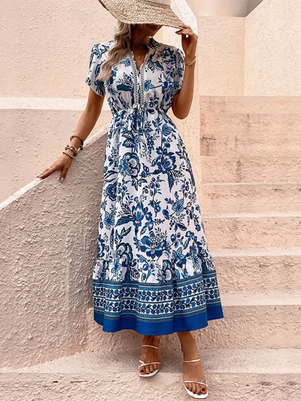 Maxi Dresses- Floral Blue Maxi Midi Dress: V Neck, A-Line Tiered & Petal Sleeve- - Pekosa Women Clothing