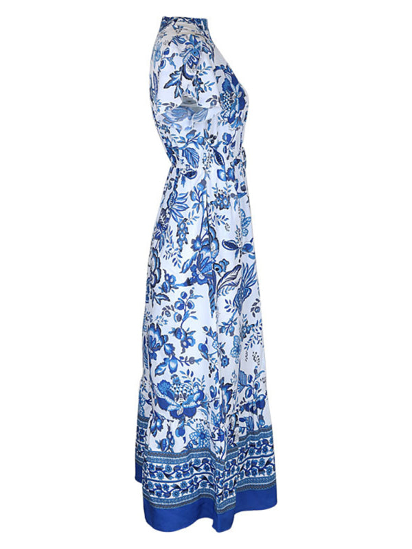 Maxi Dresses- Floral Blue Maxi Midi Dress: V Neck, A-Line Tiered & Petal Sleeve- - Pekosa Women Clothing