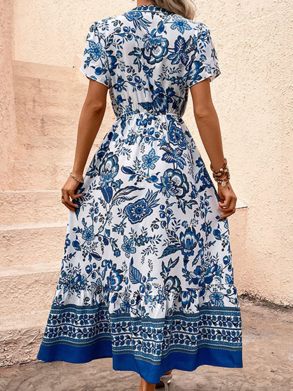 Maxi Dresses- Floral Blue Maxi Midi Dress: V Neck, A-Line Tiered & Petal Sleeve- - Pekosa Women Clothing