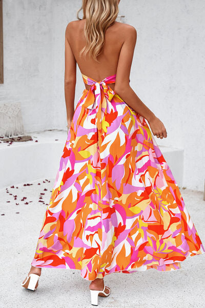 Maxi Dresses- Floral Tie-Back Smocked A-Line Cami Maxi Dress with Slit Side- - Pekosa Women Clothing