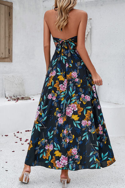 Maxi Dresses- Floral Tie-Back Smocked A-Line Cami Maxi Dress with Slit Side- - Pekosa Women Clothing