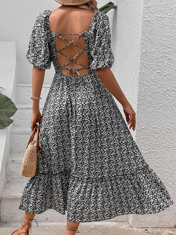 Maxi Dresses- Lace-Up Back Floral Maxi Dress for Summer- - Pekosa Women Clothing