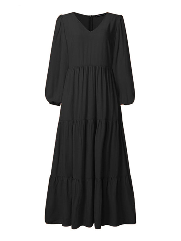 Maxi Dresses- Solid Autumn Tiered Ruffle Long Sleeve Maxi Dress- - Pekosa Women Clothing