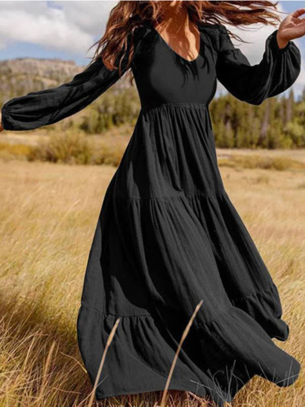 Maxi Dresses- Solid Autumn Tiered Ruffle Long Sleeve Maxi Dress- Black- Pekosa Women Clothing