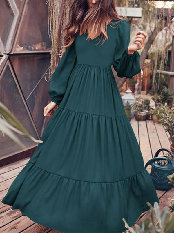 Maxi Dresses- Solid Autumn Tiered Ruffle Long Sleeve Maxi Dress- - Pekosa Women Clothing