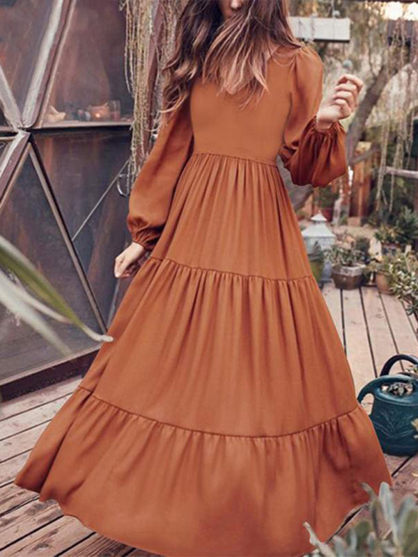Maxi Dresses- Solid Autumn Tiered Ruffle Long Sleeve Maxi Dress- - Pekosa Women Clothing