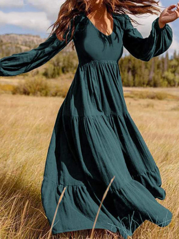 Maxi Dresses- Solid Autumn Tiered Ruffle Long Sleeve Maxi Dress- Green black jasper- Pekosa Women Clothing