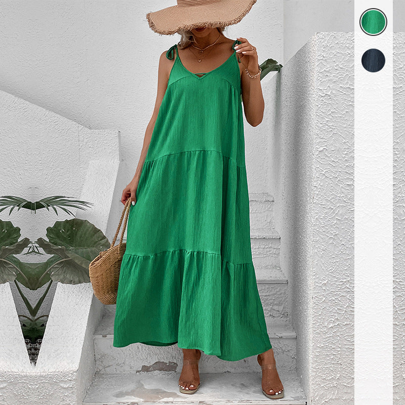 Maxi Dresses- Solid Tie-Shoulder Cami Tiered Maxi Dress with V Open Back- Green- Pekosa Women Clothing