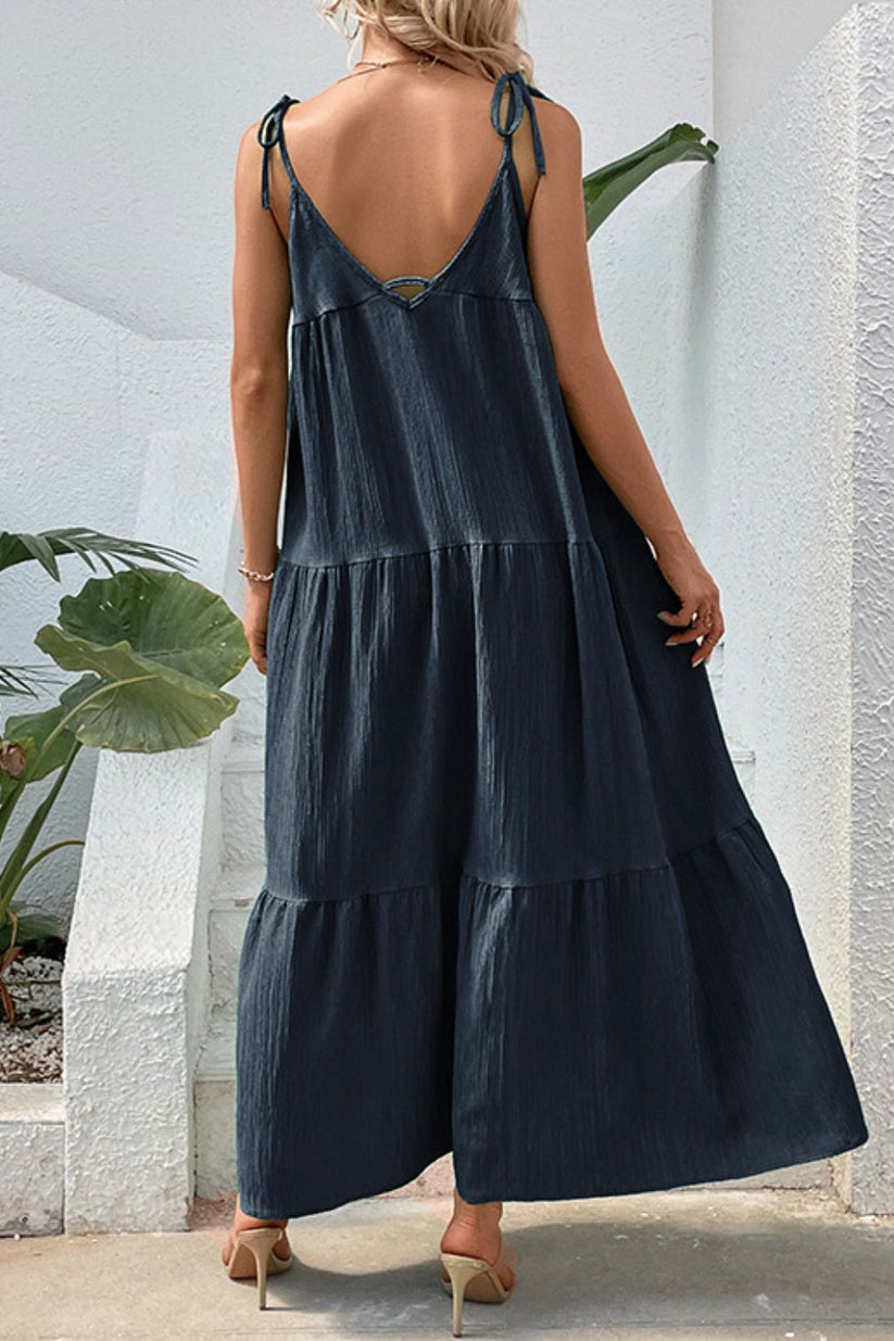 Maxi Dresses- Solid Tie-Shoulder Cami Tiered Maxi Dress with V Open Back- - Pekosa Women Clothing