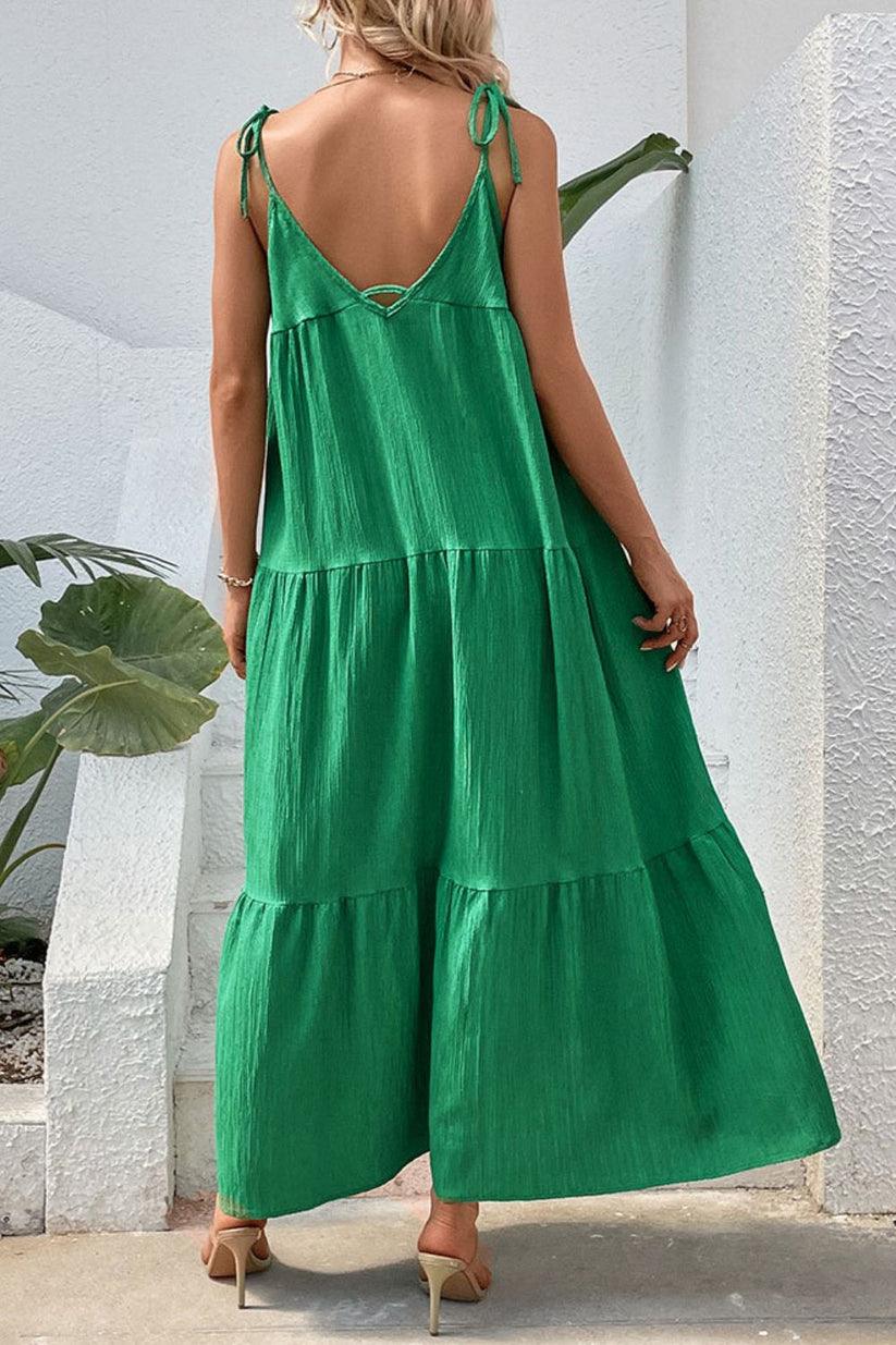 Maxi Dresses- Solid Tie-Shoulder Cami Tiered Maxi Dress with V Open Back- - Pekosa Women Clothing