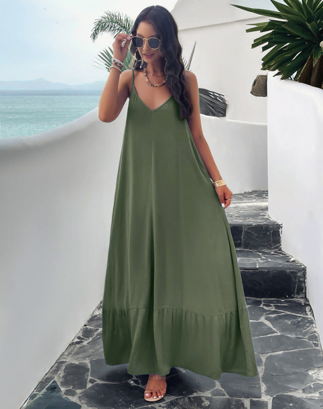Maxi Dresses- Vacation Summer Flowy Cami Maxi Dress- Green- Pekosa Women Clothing