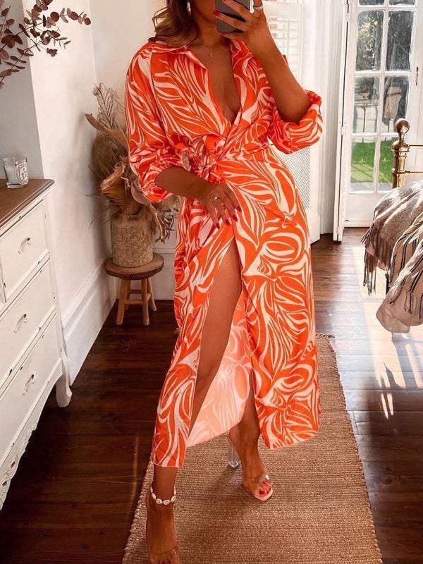 Maxi dress- Lantern Sleeve Waist Tie Wrap Maxi dress- Orange- Pekosa Women Clothing