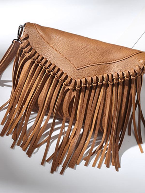 Messenger Bags- Faux Leather Fringe Messenger Bag - Envelope Purse- - Pekosa Women Clothing