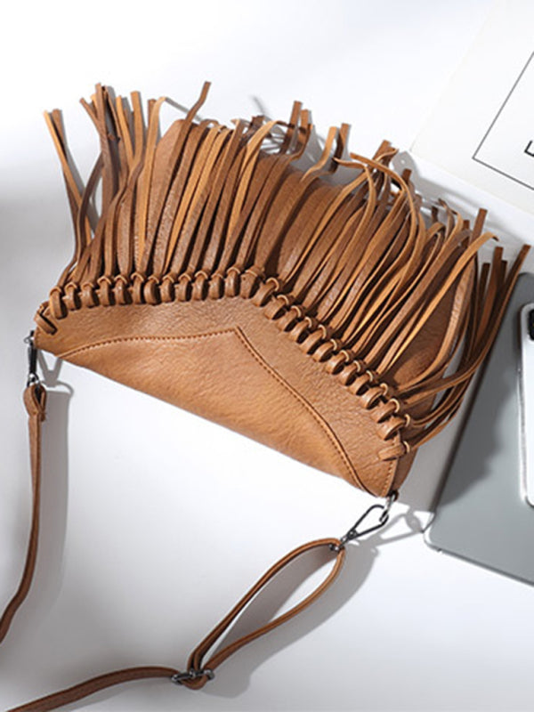 Messenger Bags- Faux Leather Fringe Messenger Bag - Envelope Purse- - Pekosa Women Clothing