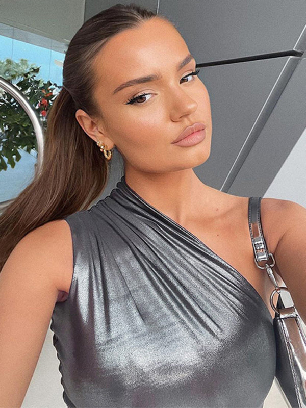 Metalic dresses- Metallic One Shoulder Bodycon Mini Dress- - Pekosa Women Clothing