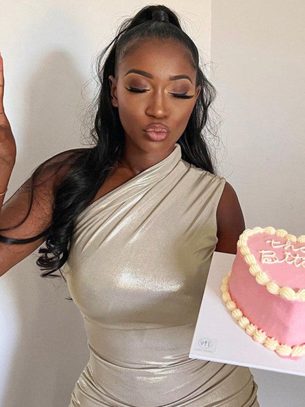 Metalic dresses- Metallic One Shoulder Bodycon Mini Dress- - Pekosa Women Clothing