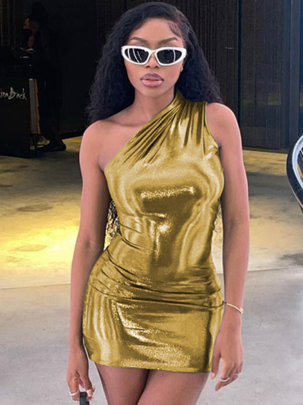 Metalic dresses- Metallic One Shoulder Bodycon Mini Dress- Golden- Pekosa Women Clothing