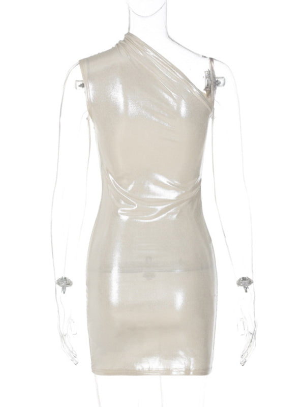 Metalic dresses- Metallic One Shoulder Bodycon Mini Dress- - Pekosa Women Clothing