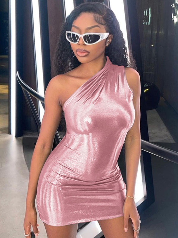Metalic dresses- Metallic One Shoulder Bodycon Mini Dress- Pink- Pekosa Women Clothing
