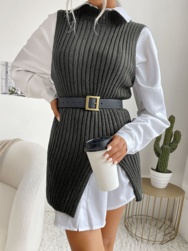 Mid-Length Vest- Rib-Knit Mock Neck Mid-Length Vest Slit Sweater- Charcoal grey- Pekosa Women Clothing