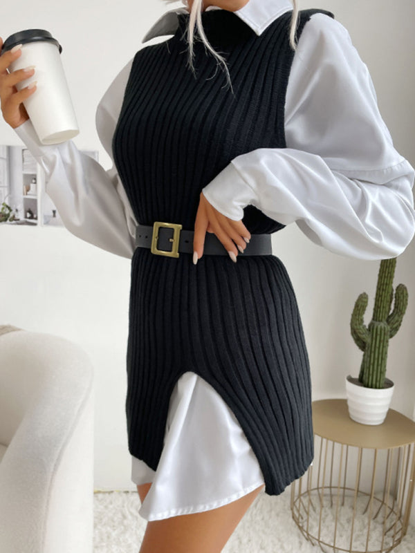 Mid-Length Vest- Rib-Knit Mock Neck Mid-Length Vest Slit Sweater- - Pekosa Women Clothing