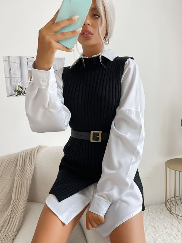 Mid-Length Vest- Rib-Knit Mock Neck Mid-Length Vest Slit Sweater- - Pekosa Women Clothing