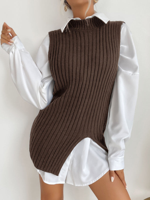 Mid-Length Vest- Rib-Knit Mock Neck Mid-Length Vest Slit Sweater- - Pekosa Women Clothing