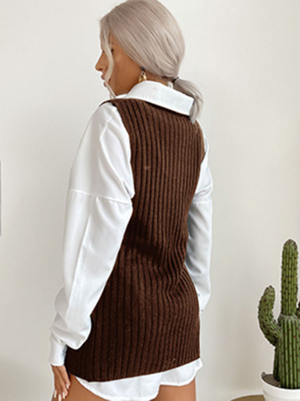 Mid-Length Vest- Rib-Knit Mock Neck Mid-Length Vest Slit Sweater- - Pekosa Women Clothing