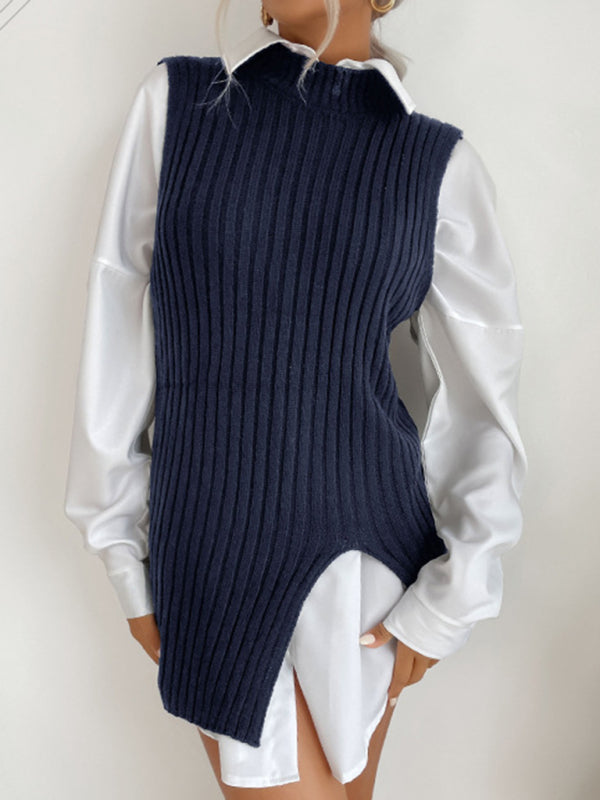 Mid-Length Vest- Rib-Knit Mock Neck Mid-Length Vest Slit Sweater- - Pekosa Women Clothing