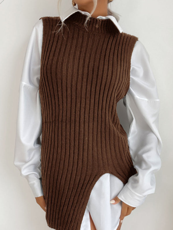 Mid-Length Vest- Rib-Knit Mock Neck Mid-Length Vest Slit Sweater- - Pekosa Women Clothing