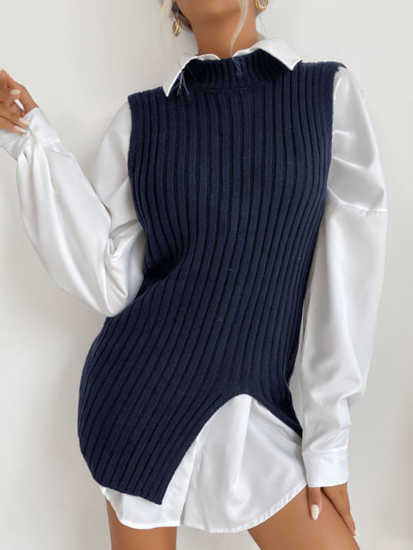 Mid-Length Vest- Rib-Knit Mock Neck Mid-Length Vest Slit Sweater- - Pekosa Women Clothing