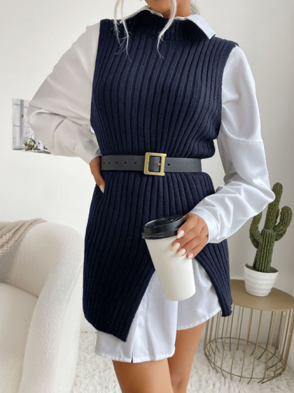 Mid-Length Vest- Rib-Knit Mock Neck Mid-Length Vest Slit Sweater- - Pekosa Women Clothing