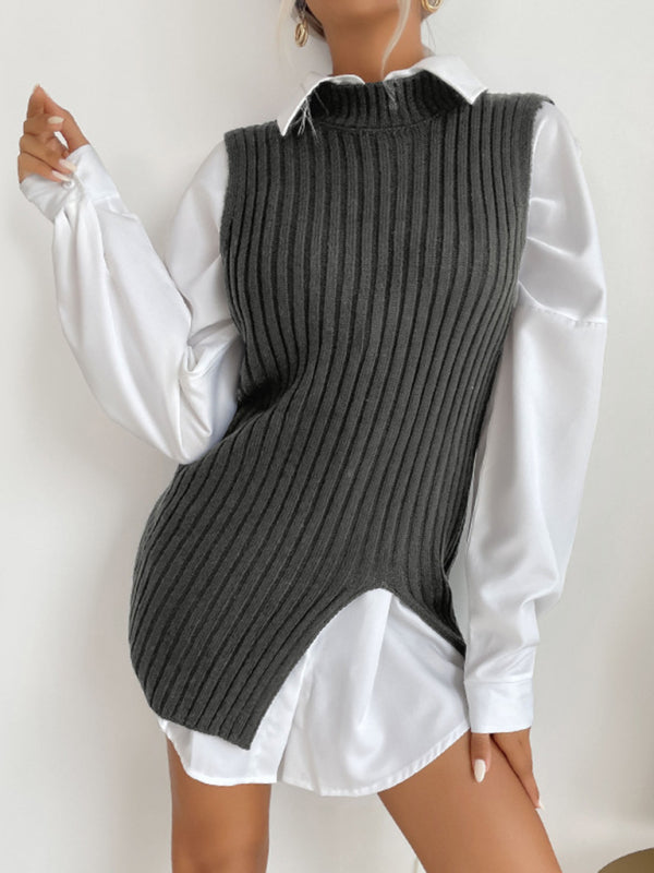 Mid-Length Vest- Rib-Knit Mock Neck Mid-Length Vest Slit Sweater- - Pekosa Women Clothing