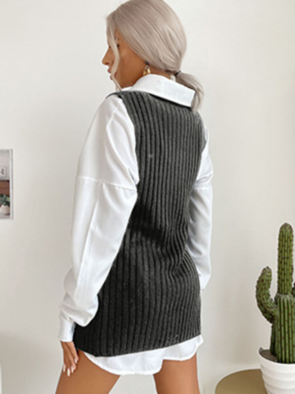 Mid-Length Vest- Rib-Knit Mock Neck Mid-Length Vest Slit Sweater- - Pekosa Women Clothing