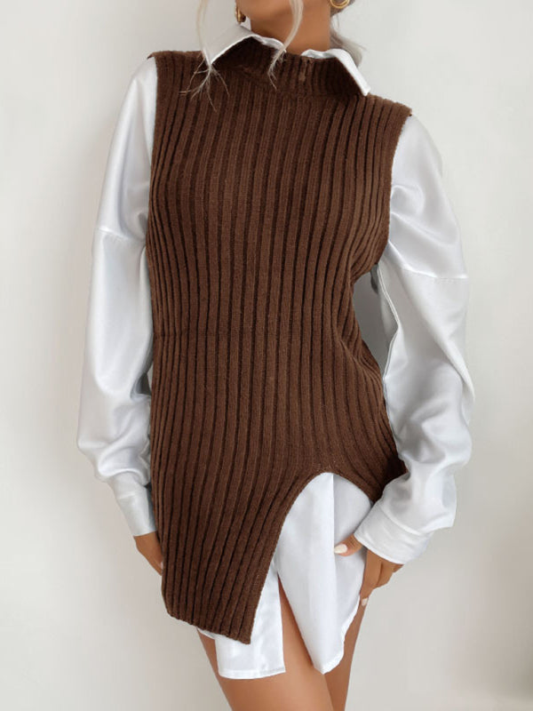 Mid-Length Vest- Rib-Knit Mock Neck Mid-Length Vest Slit Sweater- - Pekosa Women Clothing