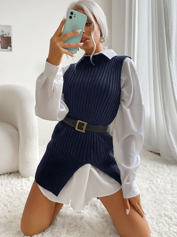 Mid-Length Vest- Rib-Knit Mock Neck Mid-Length Vest Slit Sweater- - Pekosa Women Clothing