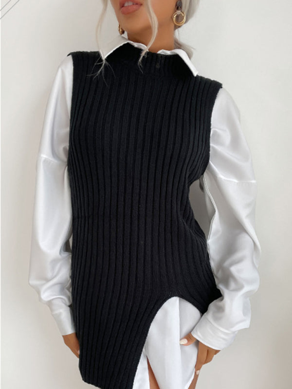 Mid-Length Vest- Rib-Knit Mock Neck Mid-Length Vest Slit Sweater- - Pekosa Women Clothing