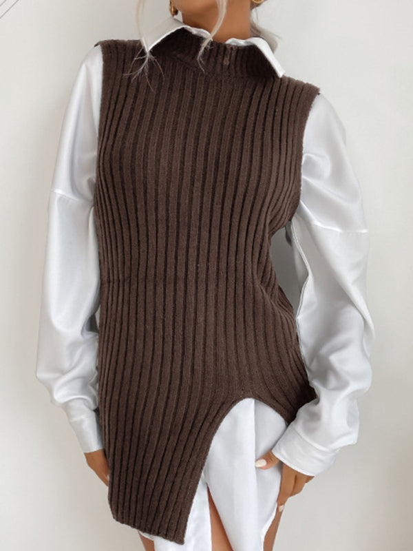 Mid-Length Vest- Rib-Knit Mock Neck Mid-Length Vest Slit Sweater- - Pekosa Women Clothing