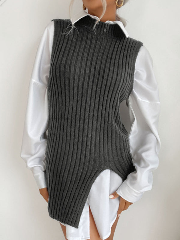 Mid-Length Vest- Rib-Knit Mock Neck Mid-Length Vest Slit Sweater- - Pekosa Women Clothing