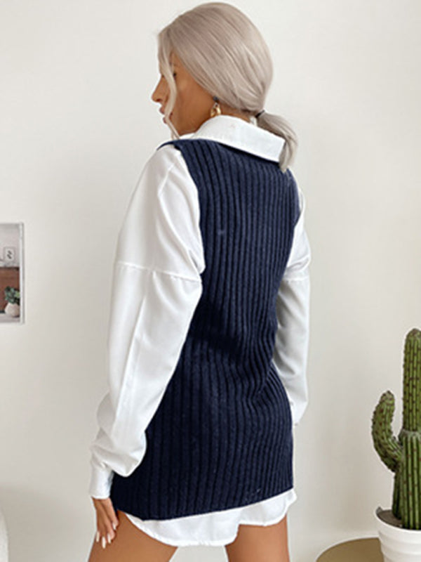 Mid-Length Vest- Rib-Knit Mock Neck Mid-Length Vest Slit Sweater- - Pekosa Women Clothing