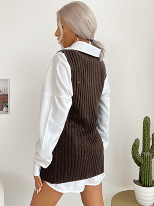 Mid-Length Vest- Rib-Knit Mock Neck Mid-Length Vest Slit Sweater- - Pekosa Women Clothing