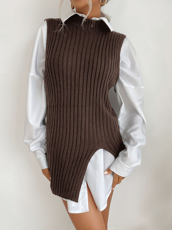 Mid-Length Vest- Rib-Knit Mock Neck Mid-Length Vest Slit Sweater- - Pekosa Women Clothing