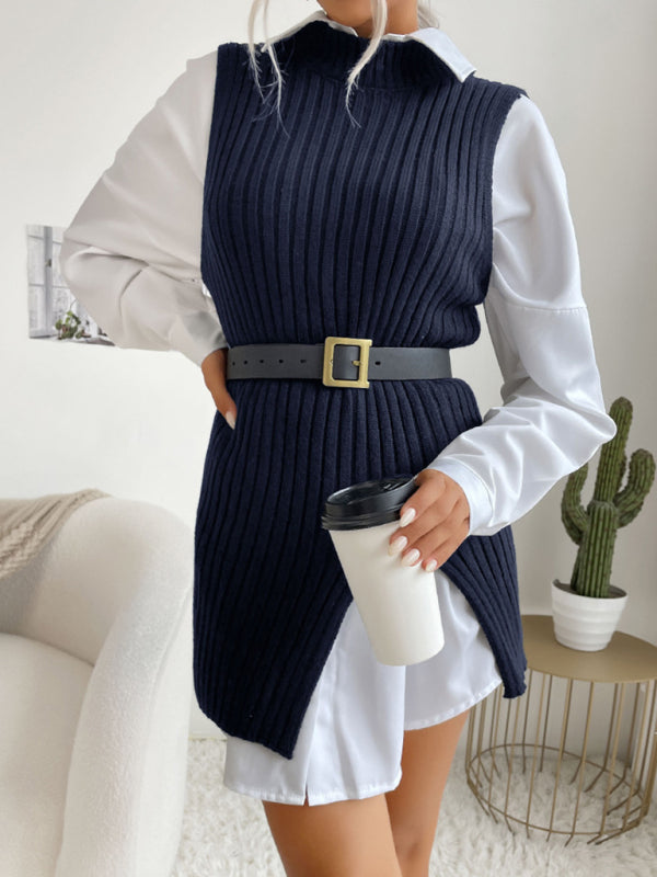 Mid-Length Vest- Rib-Knit Mock Neck Mid-Length Vest Slit Sweater- Champlain color- Pekosa Women Clothing