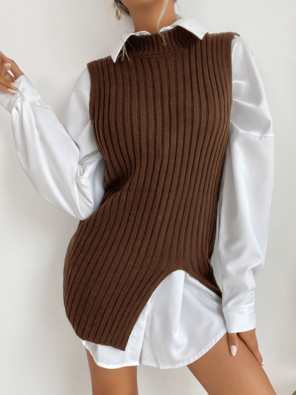 Mid-Length Vest- Rib-Knit Mock Neck Mid-Length Vest Slit Sweater- - Pekosa Women Clothing