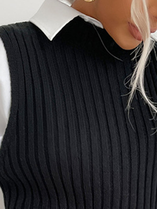 Mid-Length Vest- Rib-Knit Mock Neck Mid-Length Vest Slit Sweater- - Pekosa Women Clothing
