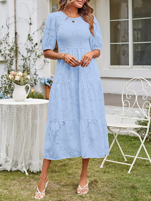 Midi Dress- Jacquard Chiffon Midi Dress with Puff Sleeves for Women- Blue- Pekosa Women Clothing